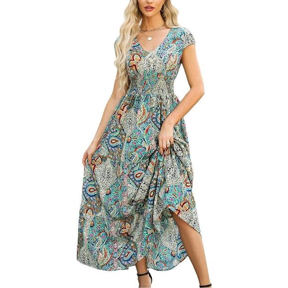 CUPSHE Women's Boho Paisley Maxi Dress V Neck Cap Sleeve Size XL - Picture 1 of 4